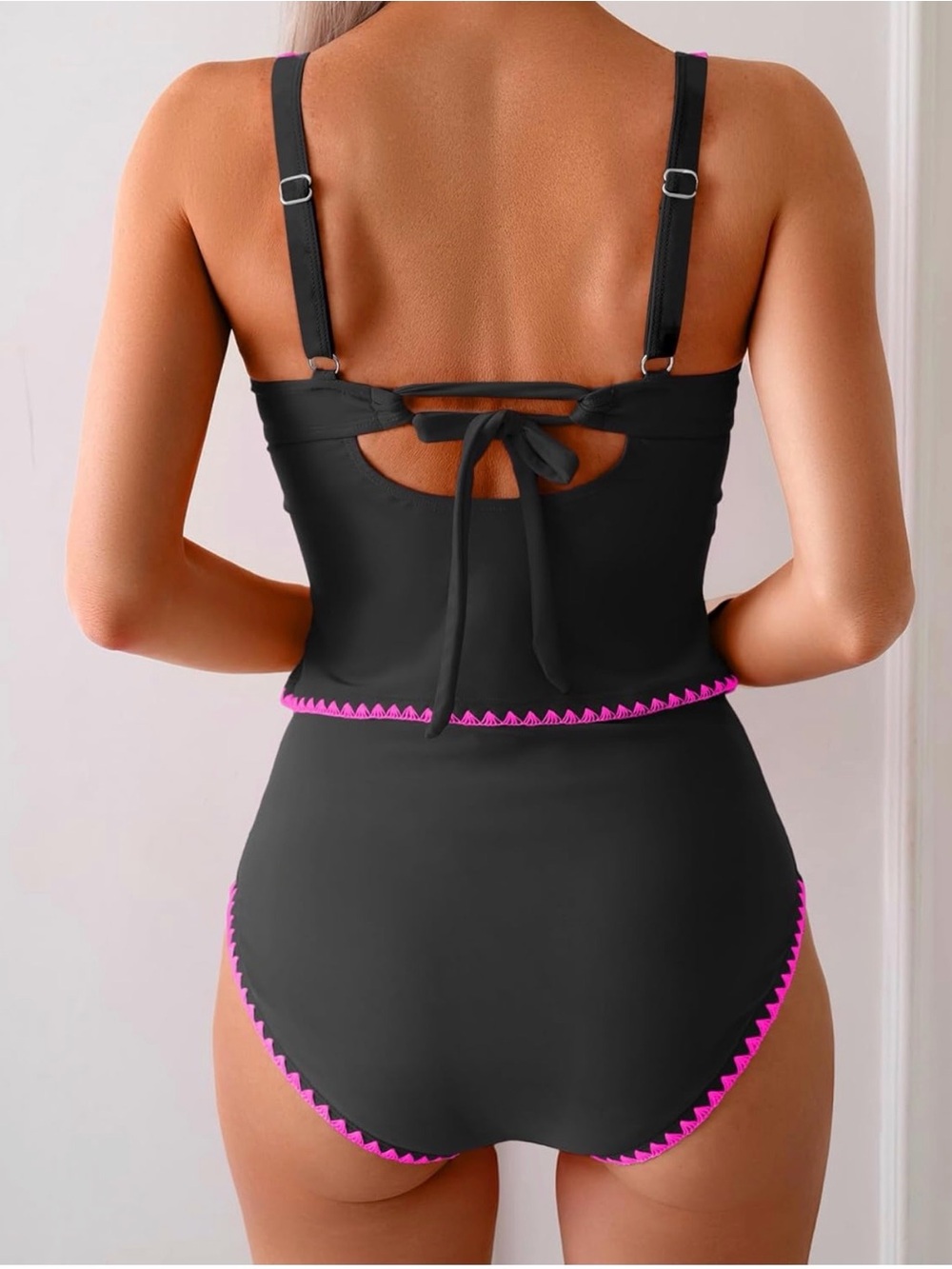 Black & Pink Trim High-Waist Tankini Bikini - Women's Swim - Picture 2 of 4